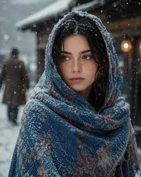 Snowy Portrait of Blue Shawl Woman