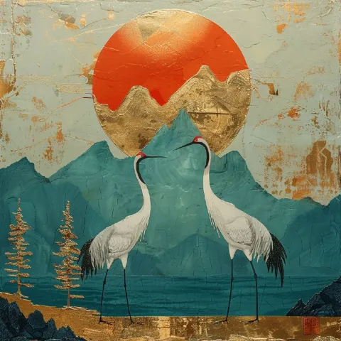 Minimalist Cranes and Pines Modern Chinese Painting