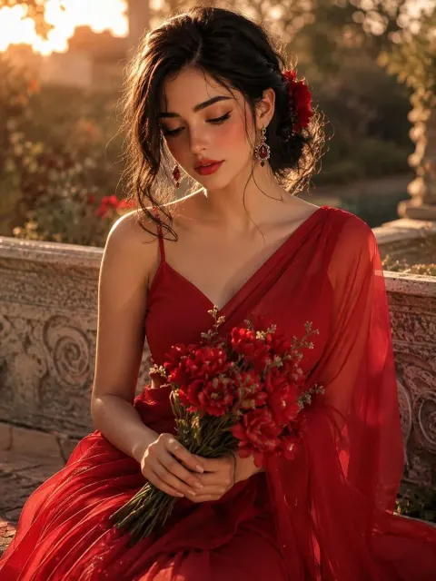 Golden Hour Red Saree Beauty