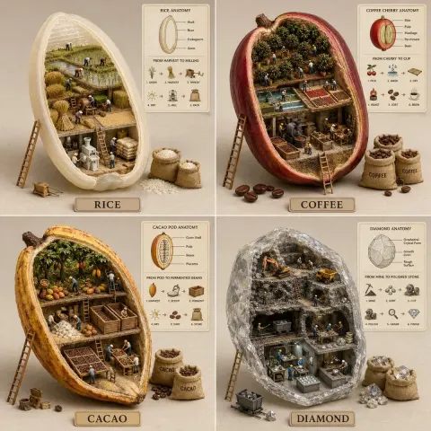 Miniature Ingredient Cross-Section Diorama Grid