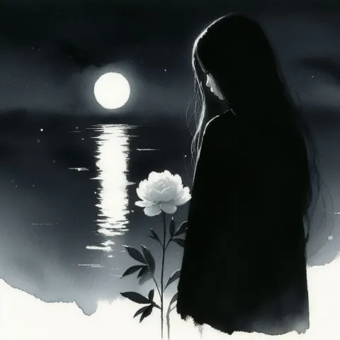 Sad Girl and White Peony in Moonlight