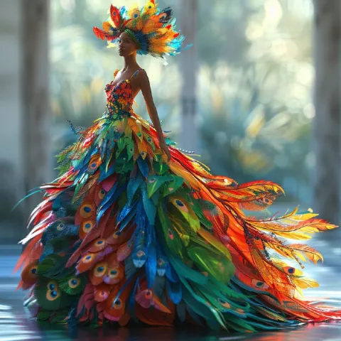 Pixar Style Woman in Feather Dress on Catwalk