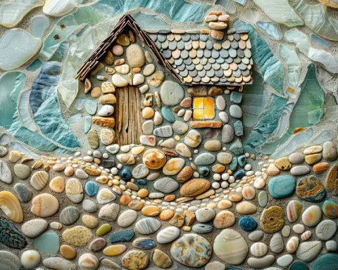Pebble and Sea Glass Beach Hut Dreamy Aerial Painting