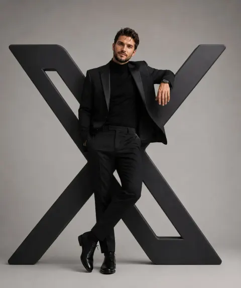 Stylish Man Poses with Iconic Logo