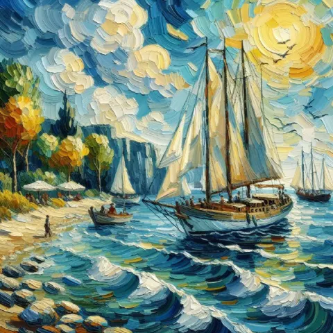 Van Gogh Style Impasto Yacht in Spring Ocean Cove