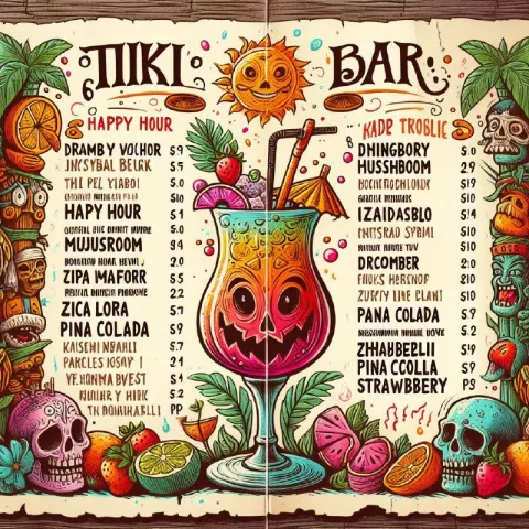 Tiki Bar Menu With Hand Drawn Tropical Drink Designs