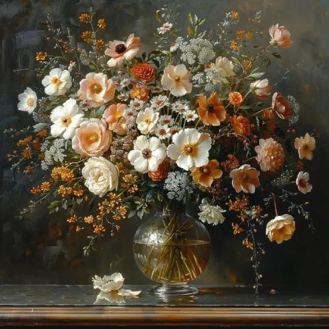 Bold Mocha Cream Floral Bouquet Oil Painting Dark Tones