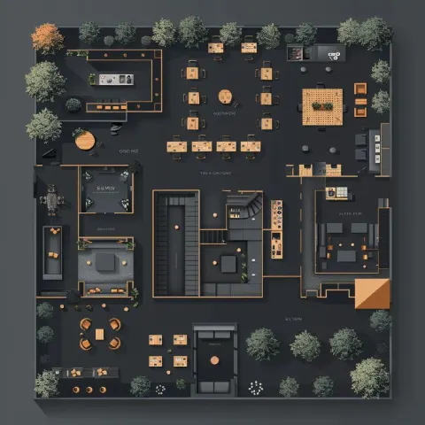 Restaurant Floor Plan Aerial Vector in Grey on Black