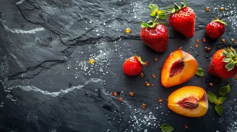 Strawberry and Peach Jam on Black Stone Table Photo