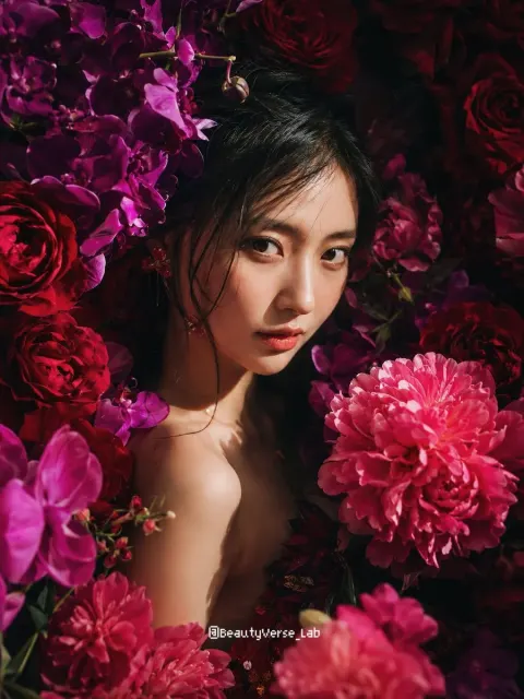 Girl Immersed In Dramatic Flower Sea