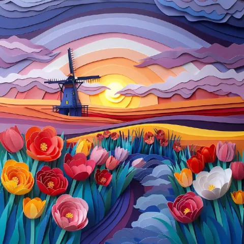 3D Papercut Holland Tulip Fields With Windmills Sunset