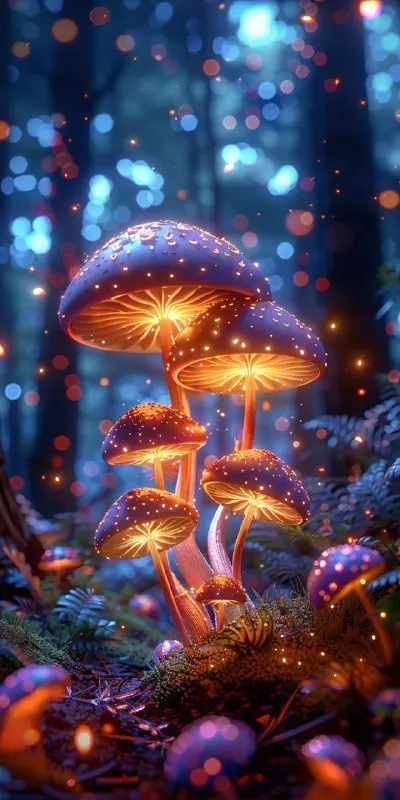 Bioluminescent Mushrooms in Enchanted Forest 3D Cartoon