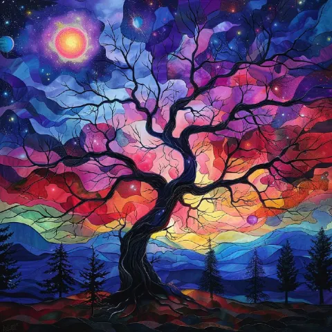 Neon Stained Glass Bare Tree Under Celestial Sky