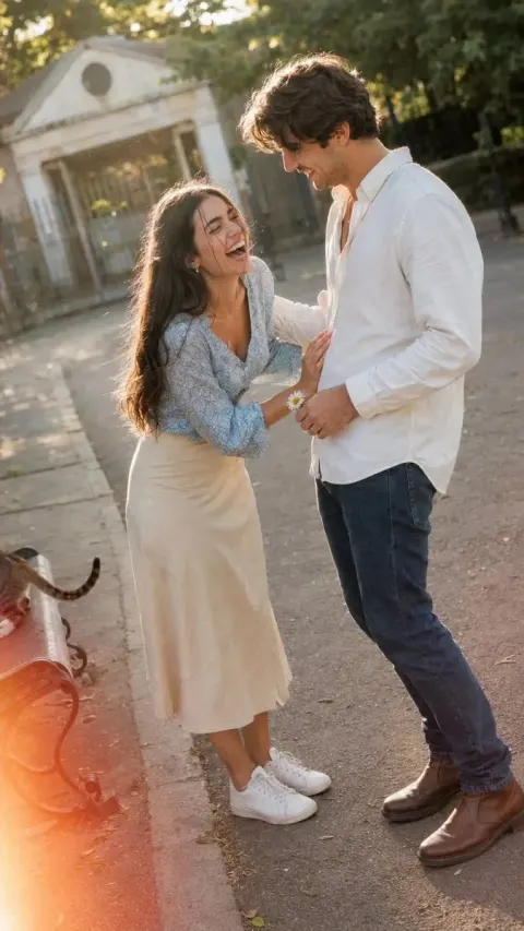 Couple Laughing On Path At Dusk