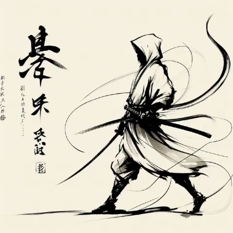 One-Line Sumi-e Painting of Japanese Ninja Warrior