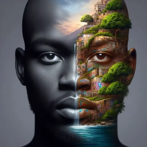 African-American Man Merged With Urban Landscape Art