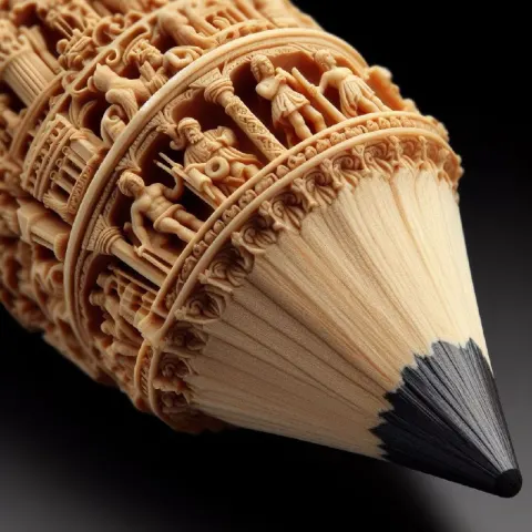 Miniature Human Figures Carved Into Wooden Pencil