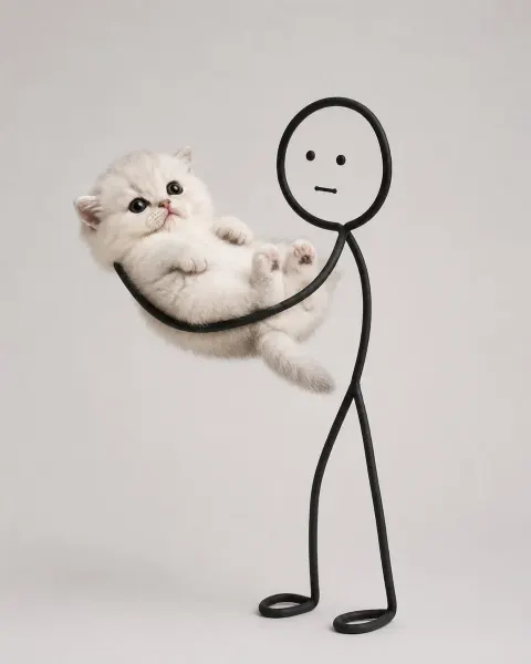 Doodle Stick Figure Hugging Cute Cat