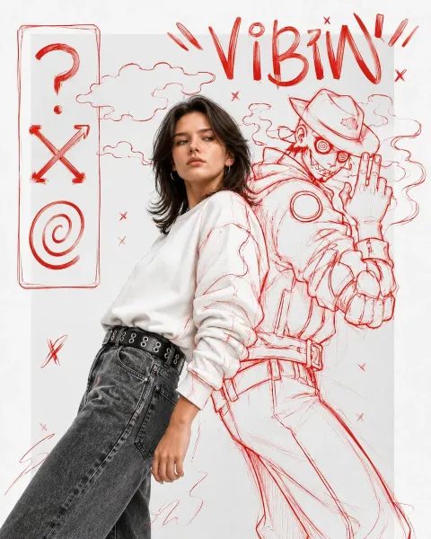 Red Sketch Fashion Editorial Portrait