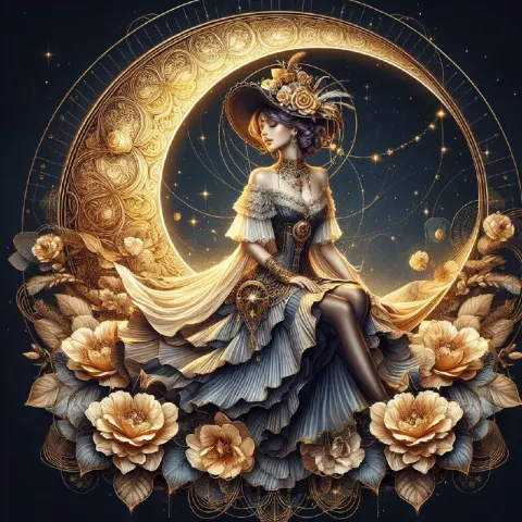 Steampunk Woman on Crescent Moon With Gold Details