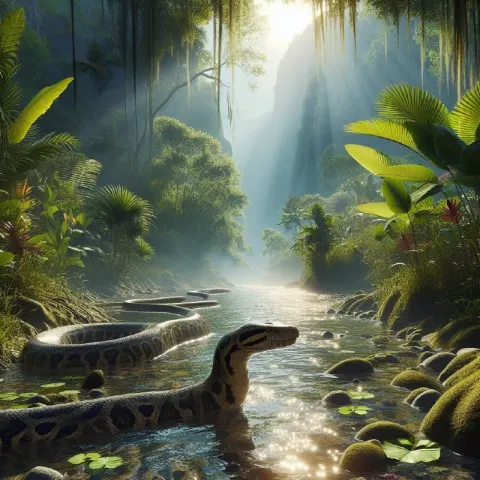 Anaconda Winding Through Shimmering Jungle Water