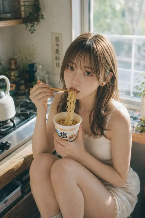 Girl Eating Noodles In Japanese Kitchen
