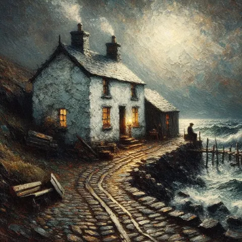 Monet Style Cottage With Cobbled Track and Chimney Smoke