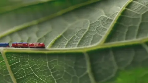 Prompt: Macro shot leaf and tiny trains