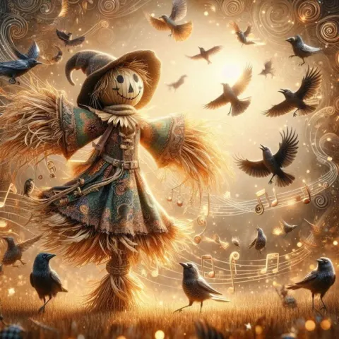Whimsical Scarecrow Dancing with Crows