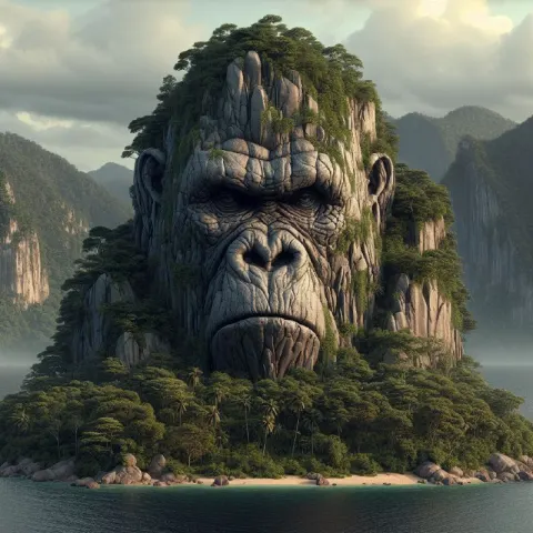 Lion Head Rock Formation on Lush Island Landscape