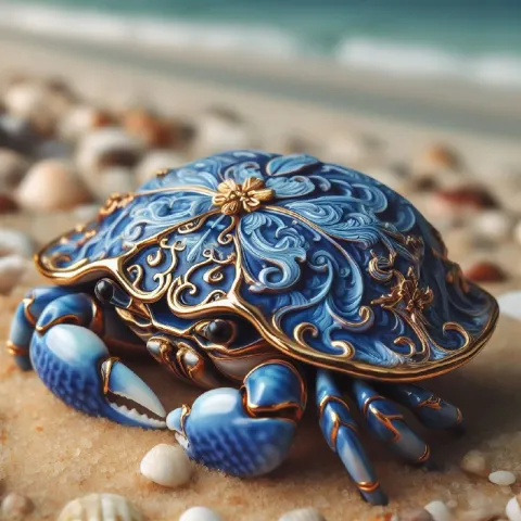 Crab With Gilded Blue Porcelain Shell on Beach