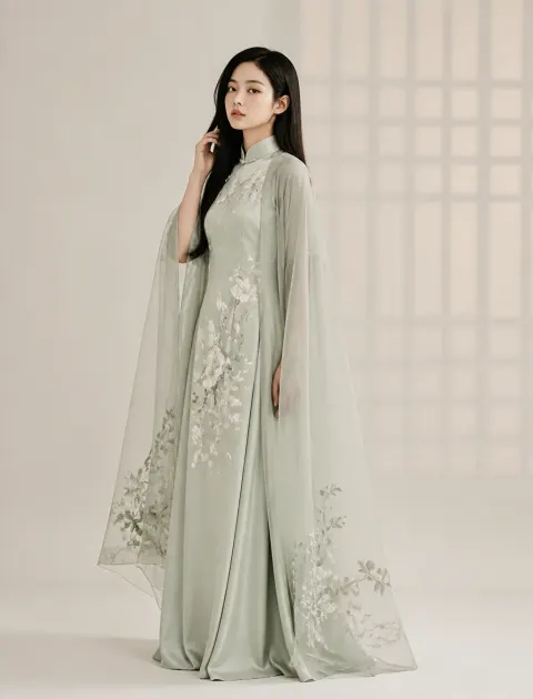 Elegant Sage Robe Fashion Editorial