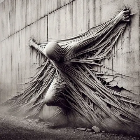 Figure Struggling Through Cloth-Shrouded Wall Sculpture