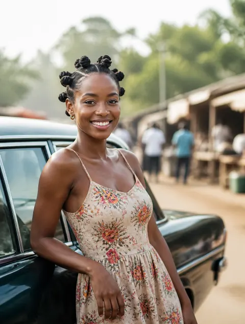 Radiant Woman With Bantu Knots At Market