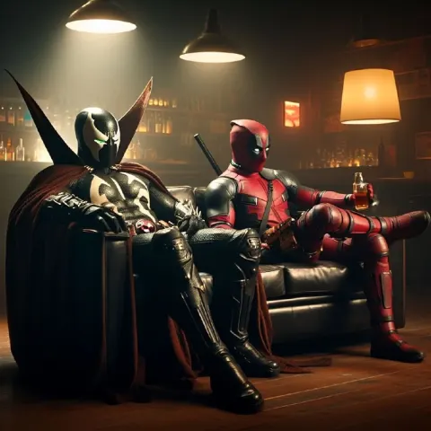 Deadpool and Spawn Sharing Drinks Cinematic Scene