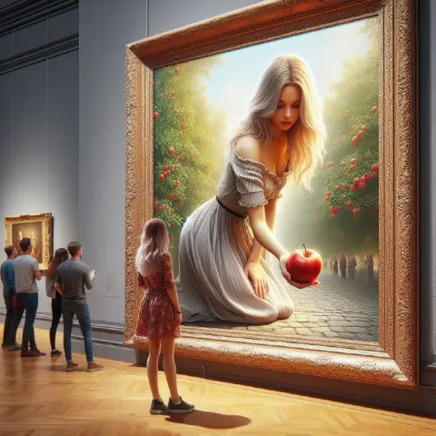 Apple Seller Girl Reaching Out of Museum Frame 3D Art