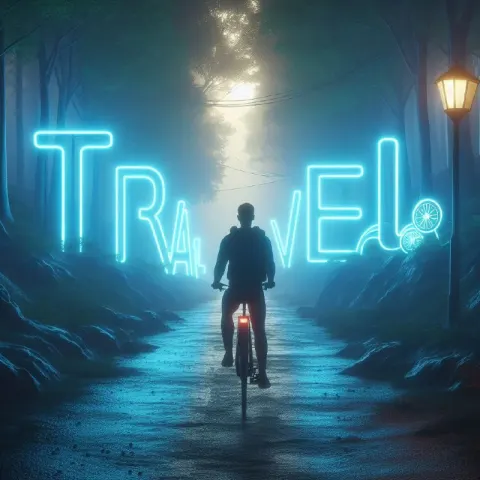 Neon Silhouette Cyclist on Forest Path Travel Scene