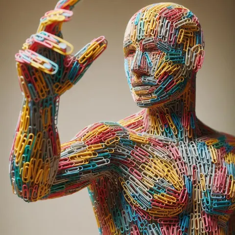 Human Figure Made Entirely of Multicolored Paper Clips