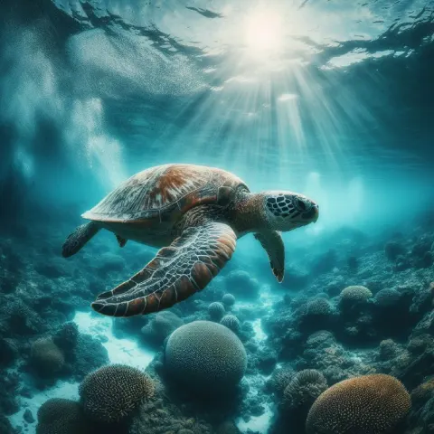 Sea Turtle Gliding Underwater Wide-Angle Hyperreal Shot