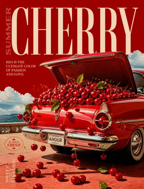 Vintage Red Car Cherry Surreal Poster