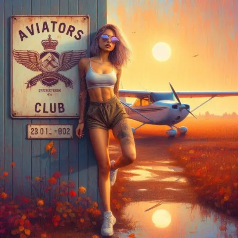 Aviators Club Text Sign with Woman and Aircraft