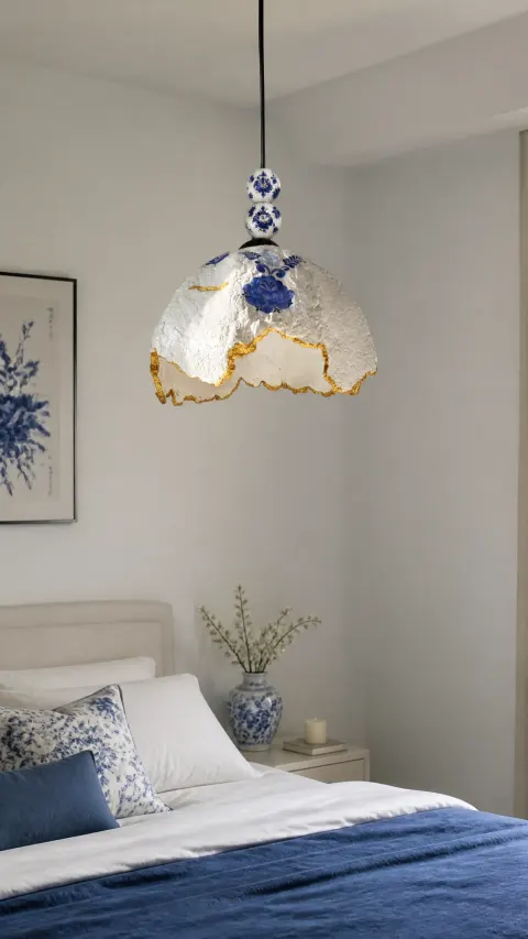 Blue Floral Papier-Mâché Pendant