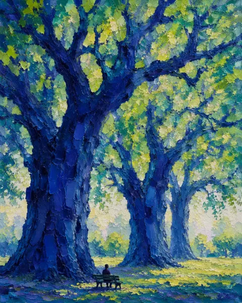 Cobalt Blue Ancient Trees Impasto Painting