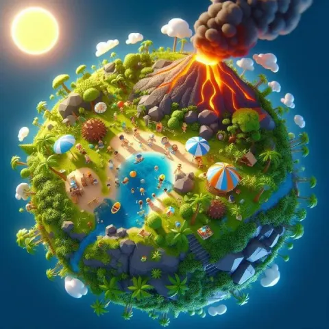 Autumn 3D Miniature Planet With Maple Trees and Volcano