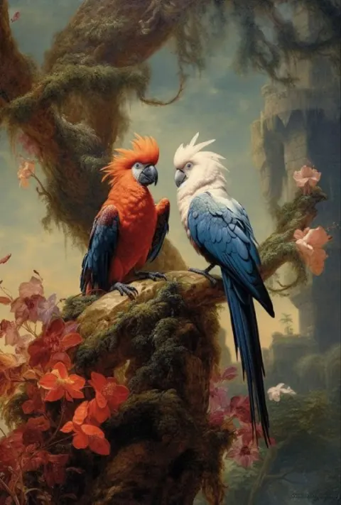 Two Birds on Branch Elegant Romanticism Painting