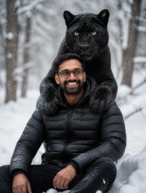 Man with Black Panther in Snow