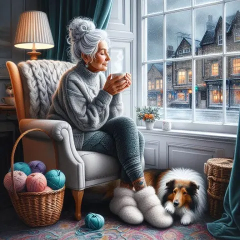 Elderly Woman Cozy Winter Scene Art