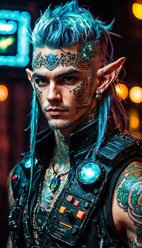 Retro Arcade Cyberpunk Elf Portrait With Tattoos