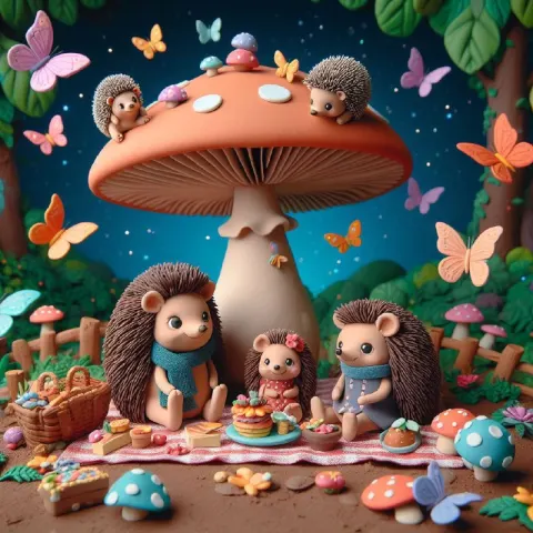 Hedgehog Family Picnic Under Giant Mushroom Claymation