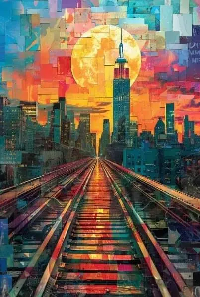 Psychedelic Train Tracks Over Ocean Cityscape Impasto